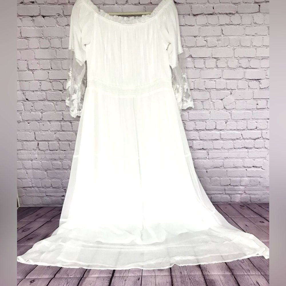 BOHO White Lined Summer Beach Fashion Lace Embroidered Sleeve Maxi Dress Size XL